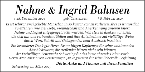 Traueranzeige von Ingrid Bahnsen von Husumer Nachrichten, Nordfriesland Tageblatt