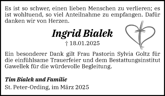 Traueranzeige von Ingrid Bialek von Husumer Nachrichten, Nordfriesland Tageblatt