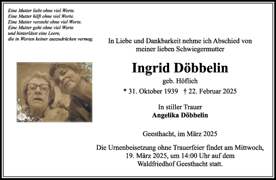 Traueranzeige von Ingrid Döbbelin von Wochenend Anzeiger