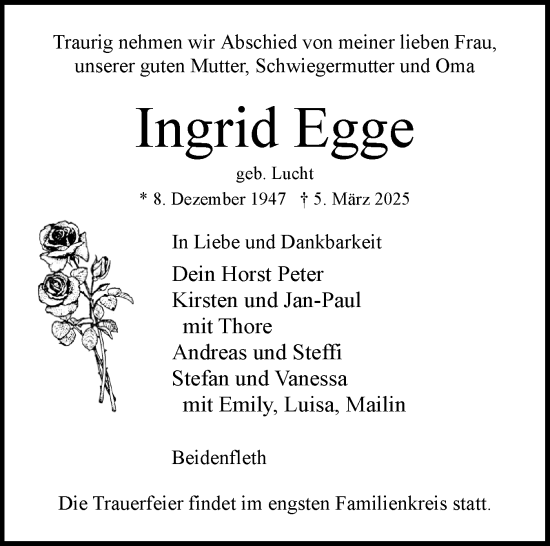Traueranzeige von Ingrid Egge von Norddeutsche Rundschau, Wilstersche Zeitung, Glückstädter Fortuna