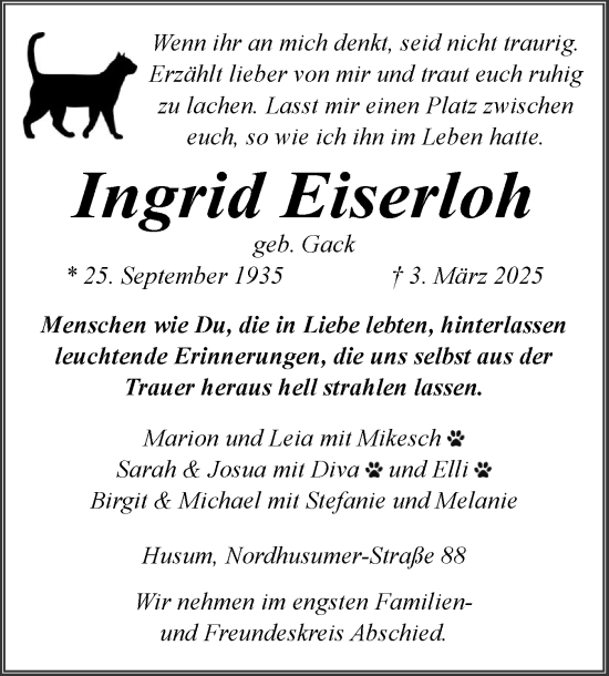 Traueranzeige von Ingrid Eiserloh von Husumer Nachrichten, Nordfriesland Tageblatt