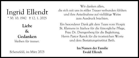 Traueranzeige von Ingrid Ellendt von Norddeutsche Rundschau, Wilstersche Zeitung, Glückstädter Fortuna