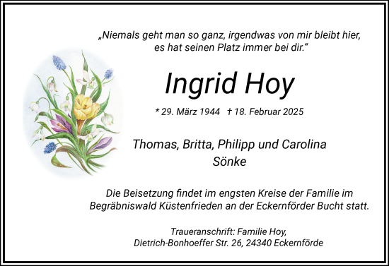 Traueranzeige von Ingrid Hoy von Eckernförder Zeitung, Hallo Eckernförde