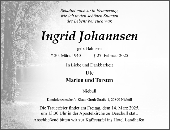 Traueranzeige von Ingrid Johannsen von Husumer Nachrichten, Nordfriesland Tageblatt