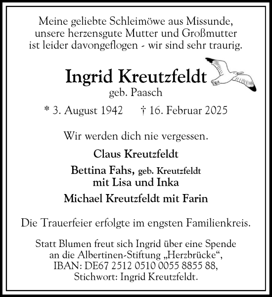 Traueranzeige von Ingrid Kreutzfeldt von Heimatspiegel