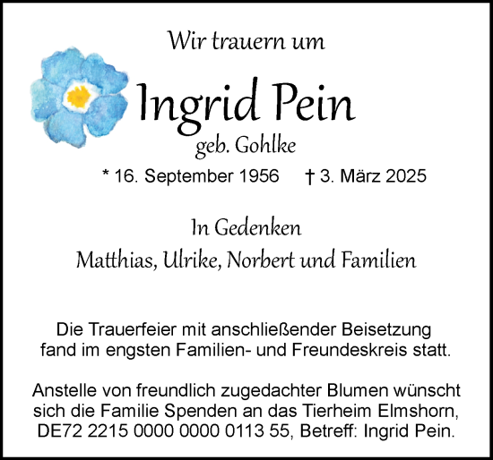 Traueranzeige von Ingrid Pein von Wedel-Schulauer Tageblatt, tip Wedel-Schulauer Tageblatt, tip Rissener Rundschau