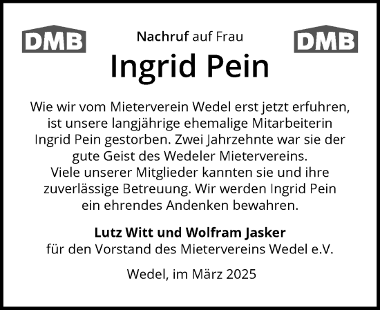 Traueranzeige von Ingrid Pein von Wedel-Schulauer Tageblatt, tip Wedel-Schulauer Tageblatt, tip Rissener Rundschau