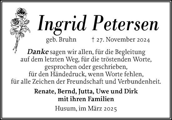 Traueranzeige von Ingrid Petersen von Husumer Nachrichten, Nordfriesland Tageblatt