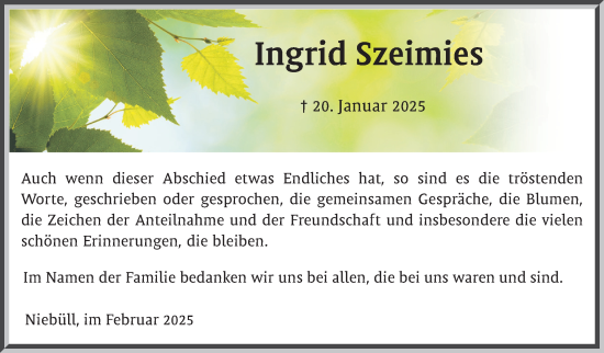 Traueranzeige von Ingrid Szeimies von Husumer Nachrichten, Nordfriesland Tageblatt