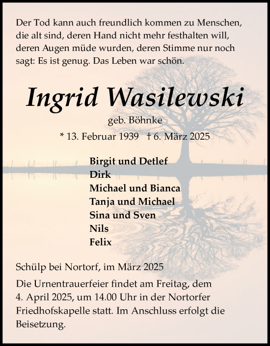 Traueranzeige von Ingrid Wasilewski von Schleswig-Holsteinische Landeszeitung