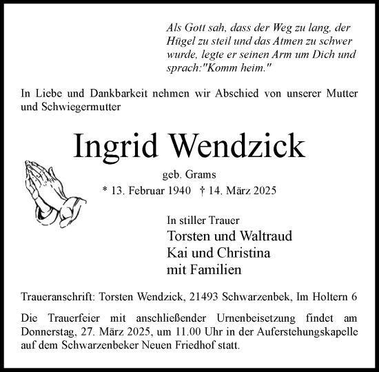 Traueranzeige von Ingrid Wendzick von Wochenend Anzeiger