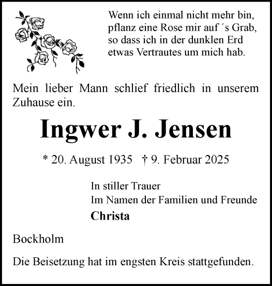Traueranzeige von Ingwer J. Jensen von Flensburger Tageblatt