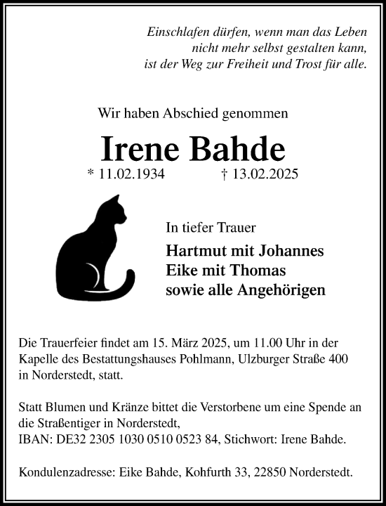 Traueranzeige von Irene Bahde von Heimatspiegel
