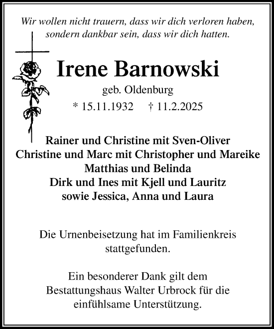 Traueranzeige von Irene Barnowski von MARKT Ratzeburg/Mölln