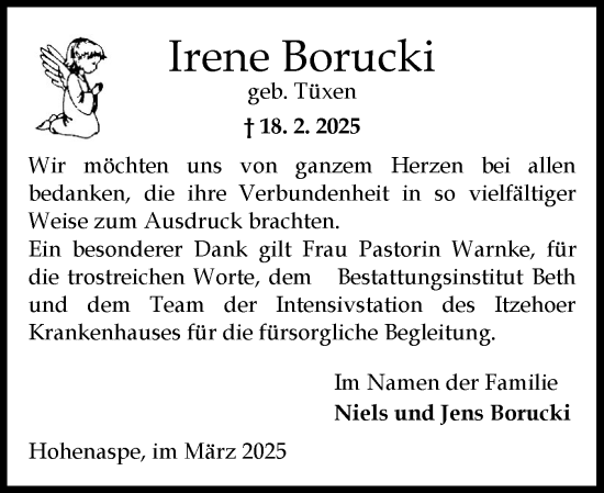 Traueranzeige von Irene Borucki von Norddeutsche Rundschau, Wilstersche Zeitung, Glückstädter Fortuna