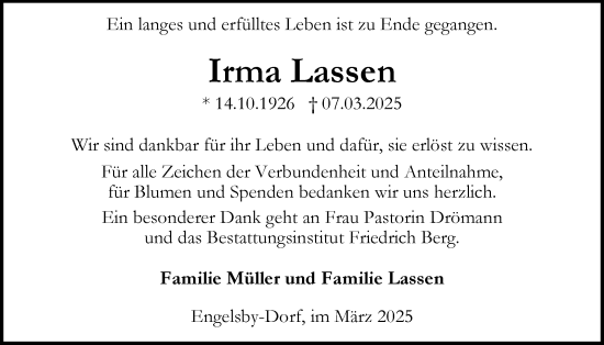 Traueranzeige von Irma Lassen von Flensburger Tageblatt
