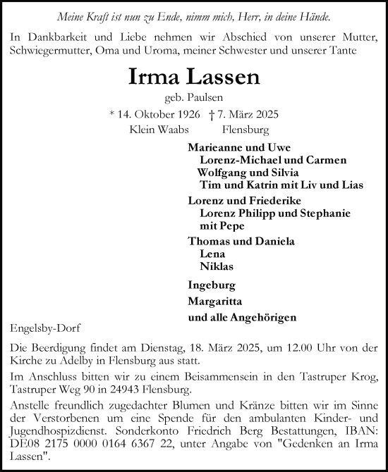 Traueranzeige von Irma Lassen von Eckernförder Zeitung, Hallo Eckernförde