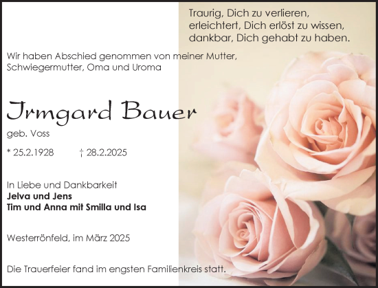 Traueranzeige von Irmgard Bauer von Schleswig-Holsteinische Landeszeitung