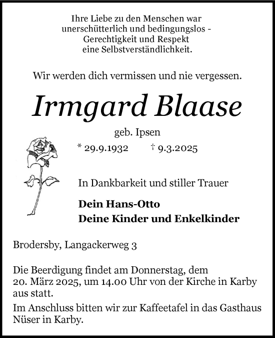 Traueranzeige von Irmgard Blaase von Schleswiger Nachrichten, Schlei-Bote, Eckernförder Zeitung