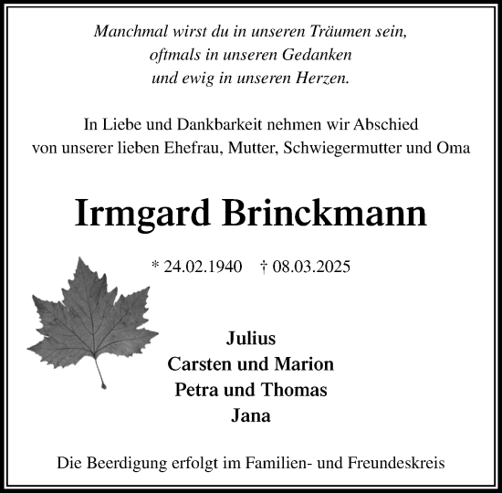Traueranzeige von Irmgard Brinckmann von MARKT Ahrensburg/Bargteheide/Trittau und Stormarner Tageblatt
