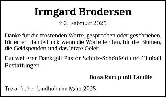 Traueranzeige von Irmgard Brodersen von Husumer Nachrichten, Nordfriesland Tageblatt