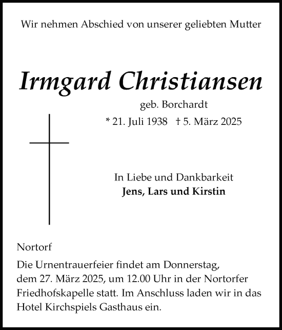 Traueranzeige von Irmgard Christiansen von Schleswig-Holsteinische Landeszeitung