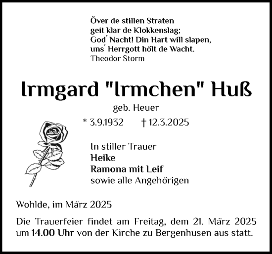 Traueranzeige von Irmgard Huß von Schleswig-Holsteinische Landeszeitung