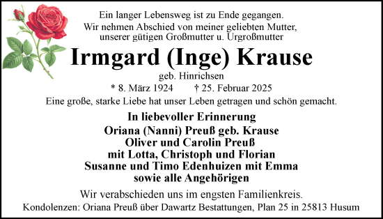 Traueranzeige von Irmgard Krause von Husumer Nachrichten, Nordfriesland Tageblatt