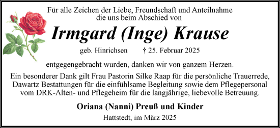 Traueranzeige von Irmgard Krause von Husumer Nachrichten, Nordfriesland Tageblatt