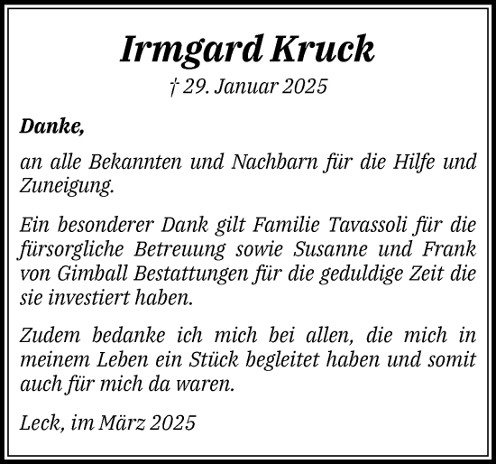 Traueranzeige von Irmgard Kruck von Husumer Nachrichten, Nordfriesland Tageblatt