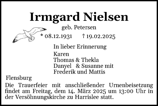 Traueranzeige von Irmgard Nielsen von Flensburger Tageblatt