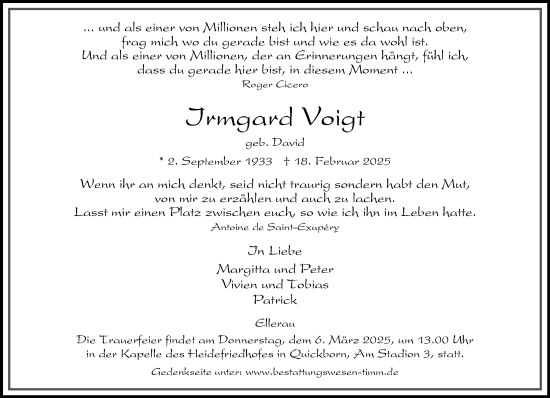 Traueranzeige von Irmgard Voigt von Umschau