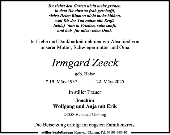Traueranzeige von Irmgard Zeeck von Umschau