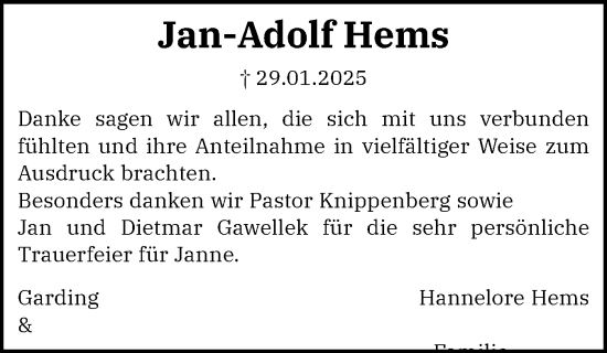 Traueranzeige von Jan-Adolf Hems von Region Westküste