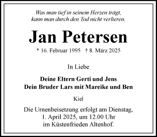 Traueranzeige von Jan Petersen von Eckernförder Zeitung, Hallo Eckernförde