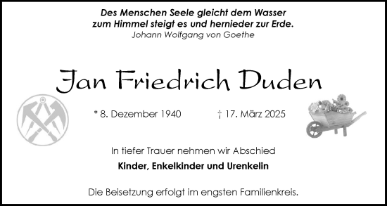 Traueranzeige von Jan Friedrich Duden von Schleswig-Holsteinische Landeszeitung