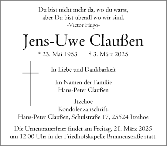 Traueranzeige von Jens-Uwe Claußen von Norddeutsche Rundschau, Wilstersche Zeitung, Glückstädter Fortuna