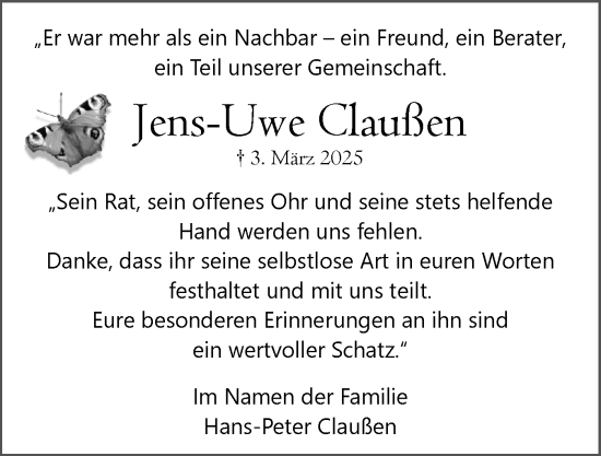 Traueranzeige von Jens-Uwe Claußen von Norddeutsche Rundschau, Wilstersche Zeitung, Glückstädter Fortuna