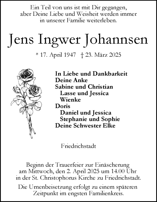 Traueranzeige von Jens Ingwer Johannsen von Husumer Nachrichten, Nordfriesland Tageblatt