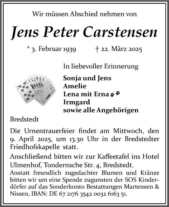 Traueranzeige von Jens Peter Carstensen von Husumer Nachrichten, Nordfriesland Tageblatt