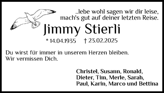 Traueranzeige von Jimmy Stierli von Uetersener Nachrichten, Der tip am Wochenende