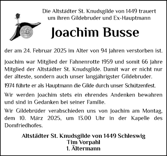 Traueranzeige von Joachim Busse von Schleswiger Nachrichten, Schlei-Bote