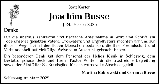 Traueranzeige von Joachim Busse von Schleswiger Nachrichten, Schlei-Bote