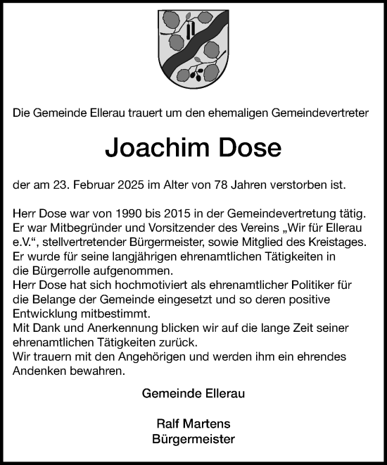 Traueranzeige von Joachim Dose von Umschau