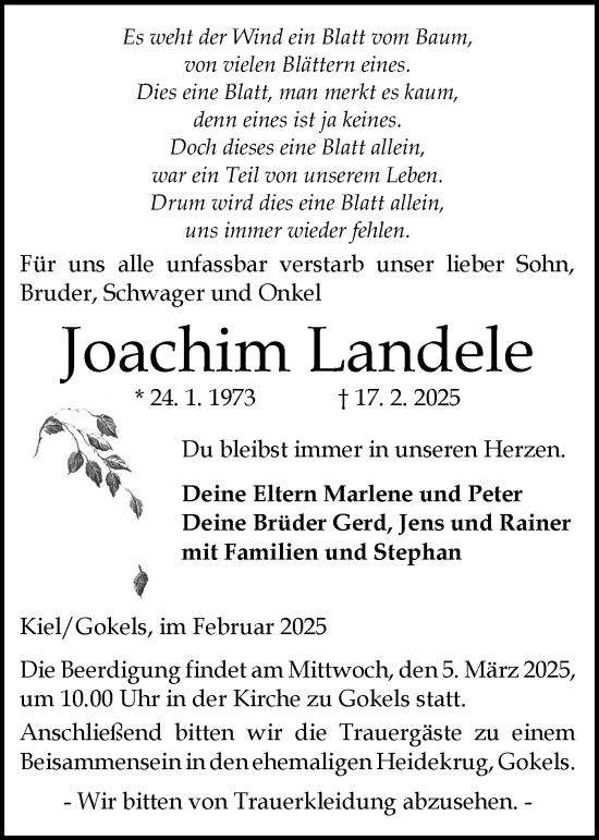 Traueranzeige von Joachim Landele von Schleswig-Holsteinische Landeszeitung