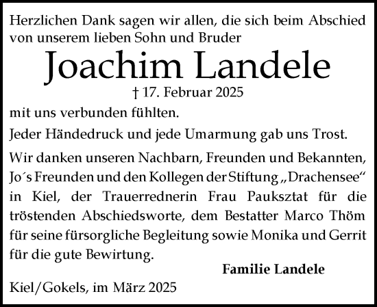 Traueranzeige von Joachim Landele von Schleswig-Holsteinische Landeszeitung