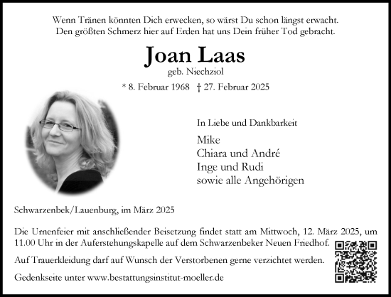 Traueranzeige von Joan Laas von Wochenend Anzeiger