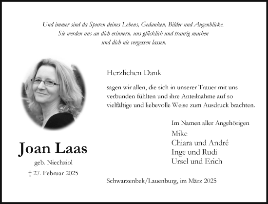 Traueranzeige von Joan Laas von Wochenend Anzeiger
