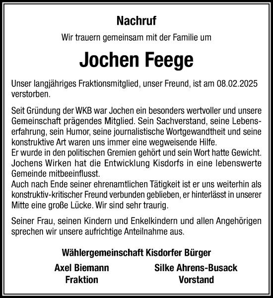 Traueranzeige von Jochen Feege von Umschau
