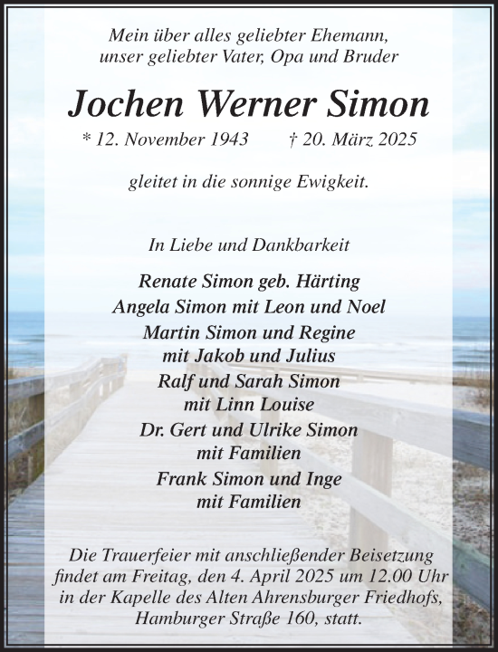 Traueranzeige von Jochen Werner Simon von MARKT Ahrensburg/Bargteheide/Trittau und Stormarner Tageblatt